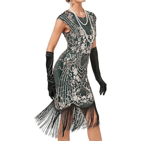 💚✨ 7PCS 1920s Great Gatsby Flapper Green Sequin Dress & Accessories Set 3XL NEW - Picture 5 of 16